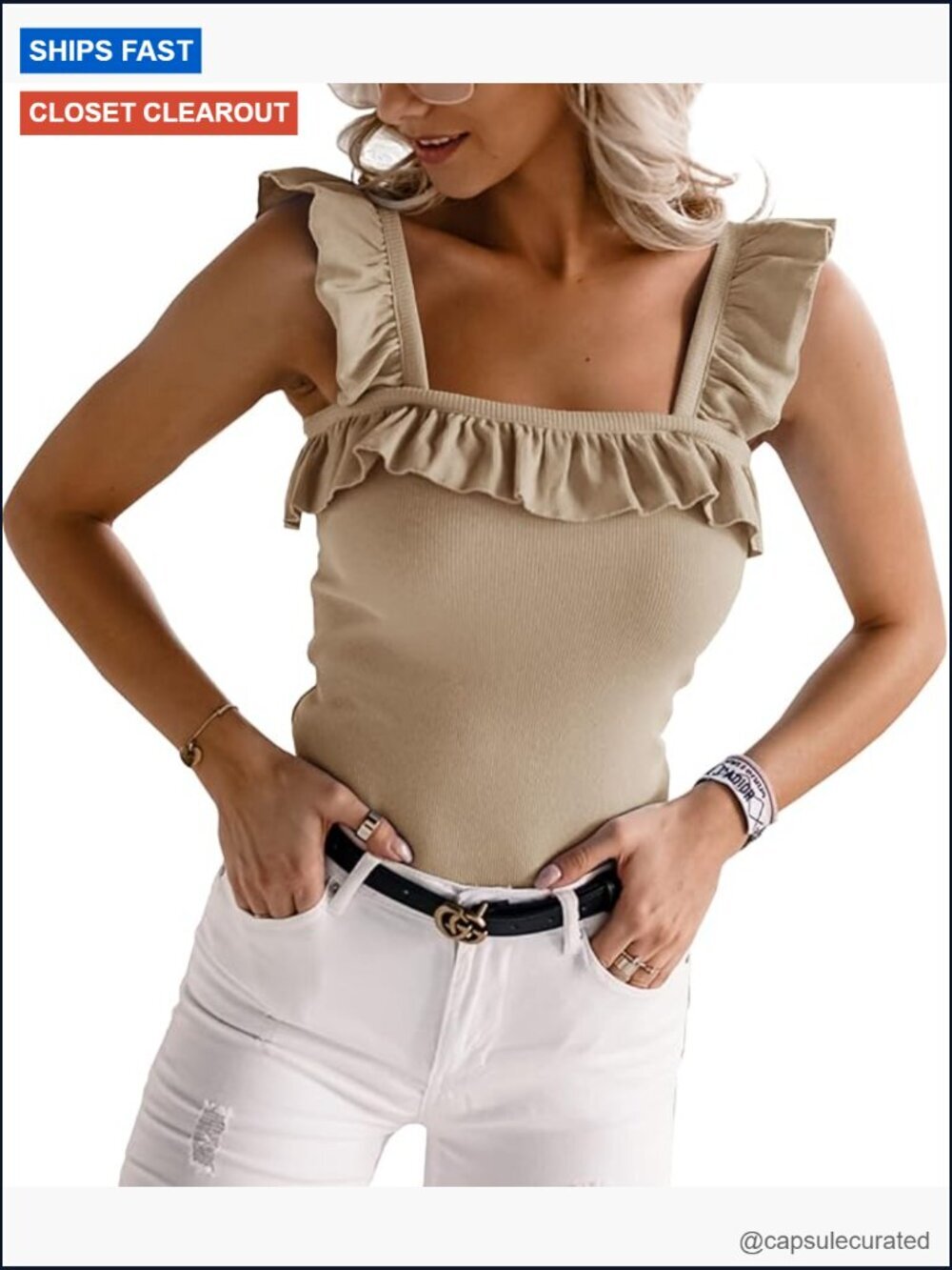 Sleeveless Ruffled Square Neck Tank Top Knit Camisole Top